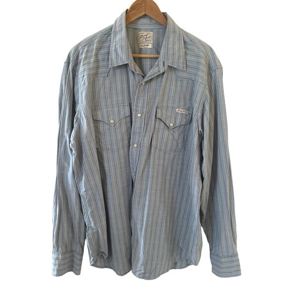 Lucky Brand Men Button Up Shirt Western Size XL Blue Striped Utility Snap Button - Picture 1 of 13